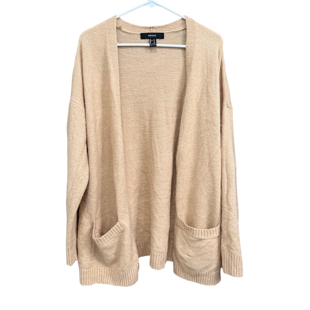 Forever 21 Tan‎ Knit Open Front Cardigan Sweater Pockets Casual Womens